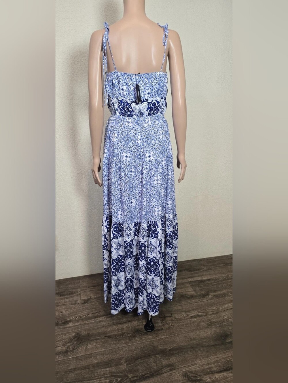 Blue Printed Tie-Shoulder Maxi Dress - Picture 3 of 4